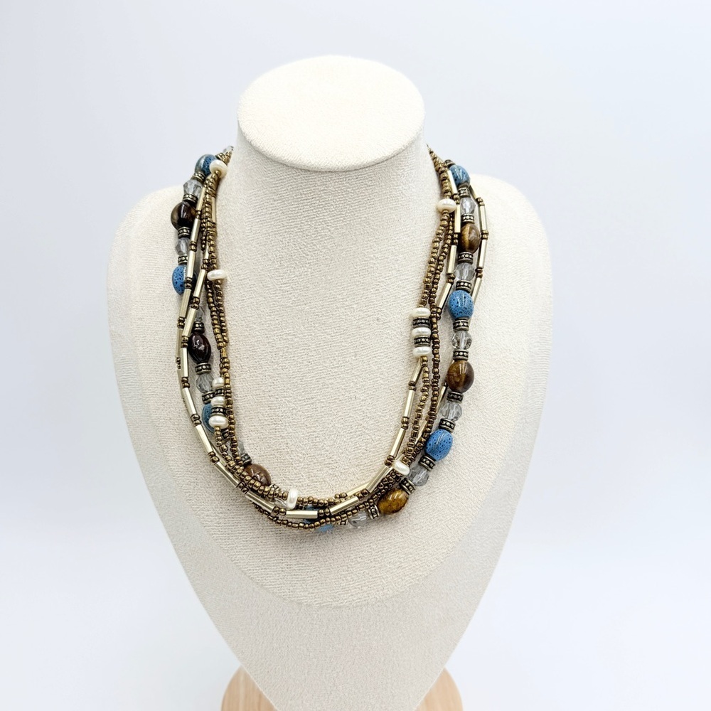 Vintage Premier Designs Multi Strand Beaded Necklace Bronze Blue Boho Statement